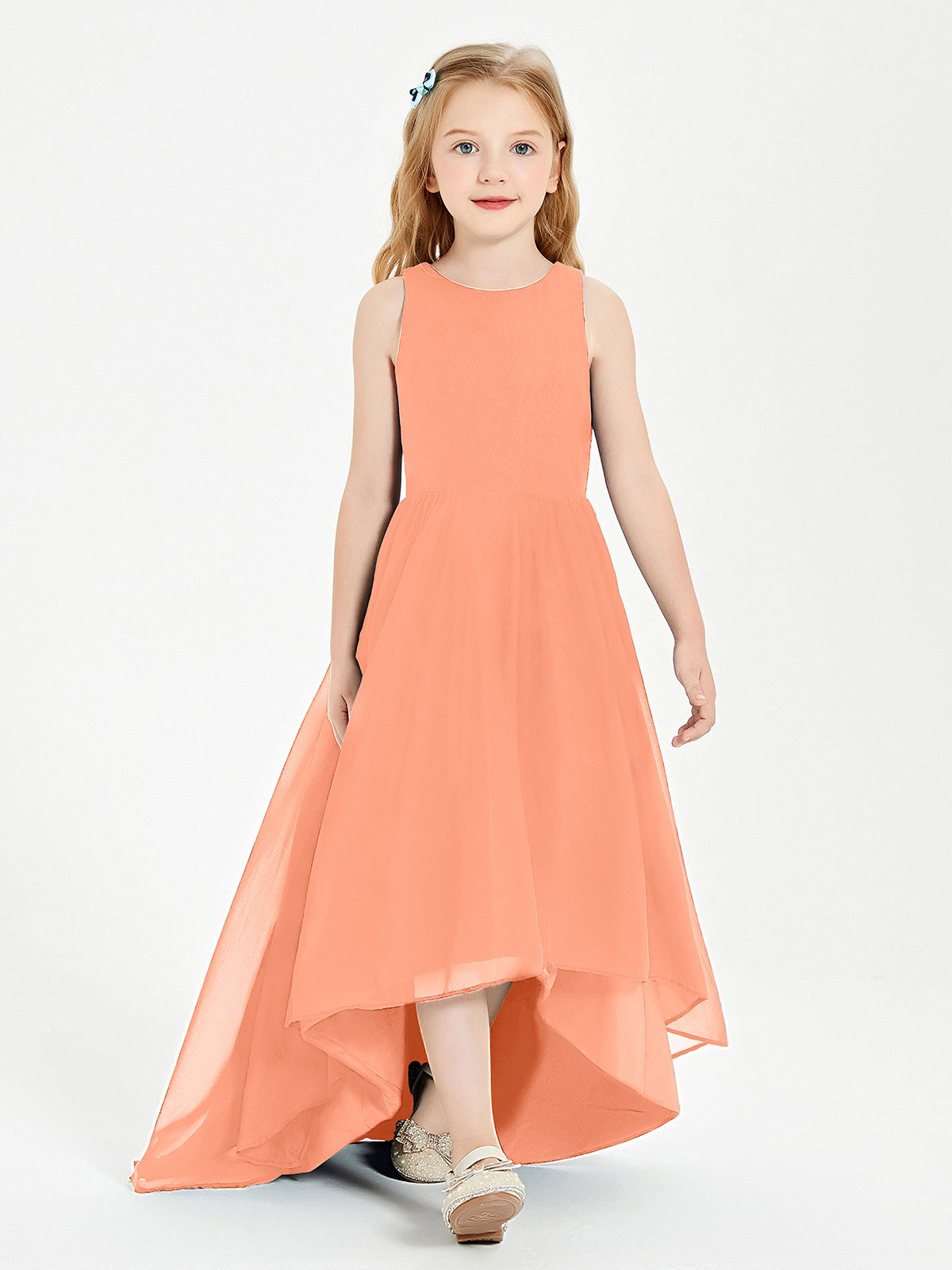 Asymmetrical Junior Bridesmaid Dresses with Scoop Neckline Papaya